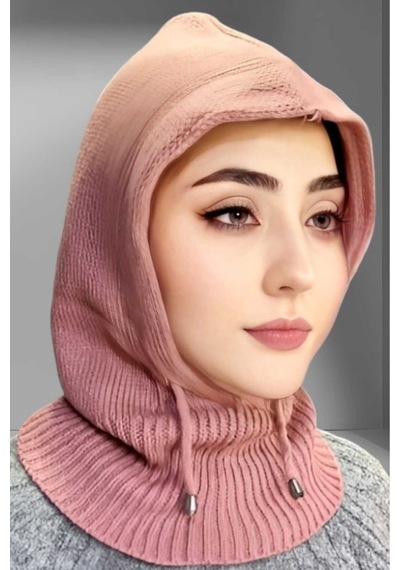 Uniquetrenders Balaclava Fitilli Triko Tesettür Örgü Bere Başlık Gül Kurusu