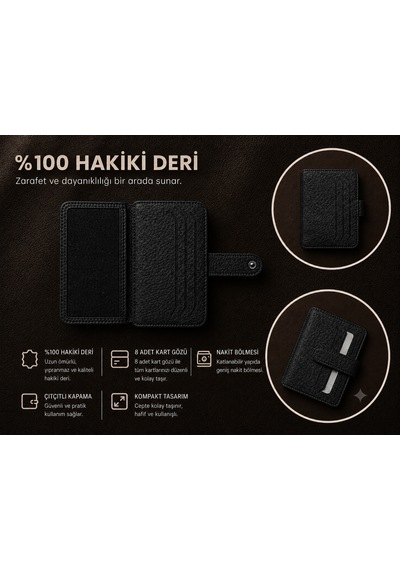 Aldorya %100 Hakiki Deri Erkek Cüzdan Kartlık 8 Kart Gözü, Çıtçıtlı, Nakit Bölmeli, Kompakt Koyu Siyah