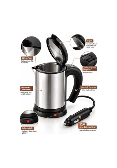 12v Araç Çakmak Girişli Paslanmaz Çelik Araç İçi Su Isıtıcı Seyahat Tipi Kettle
