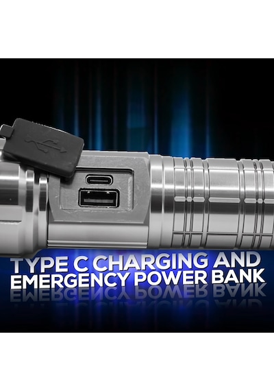 M06 Metal Kasa Uzun Menzil Profesyonel Led Fener 1800 Lümen 5000 Mah Zoom 4 Mod Dijital Ekranlı Usb Şarjlı Fener Powerbank Açık Gri