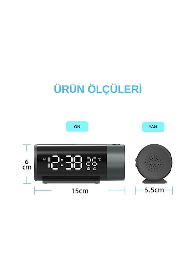 Projeksiyonlu Led Dijital Çalar Saat Usb Güç Çift Alarm Tavan & Duvar Yansıtma Masa Saati Siyah