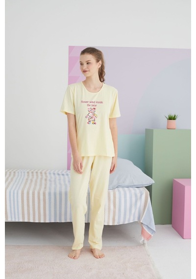 Siyah İnci Pamuklu Örme Pijama Takım 24117047 sari