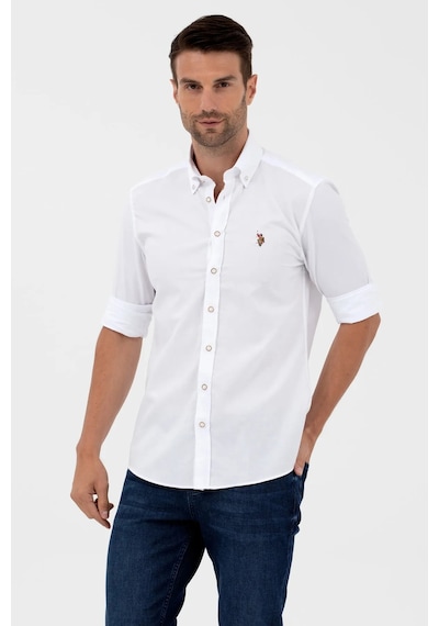 U.S. Polo Assn. Erkek Düğmeli Yaka Slim Fit Uzun Kollu %100 Pamuk Beyaz