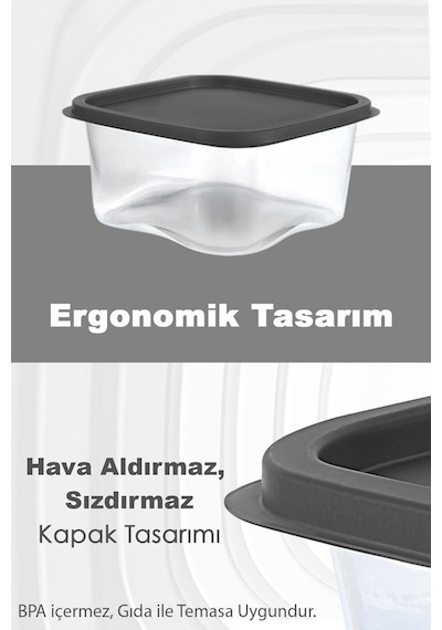 Meleni Home Kare Erzak Gıda Saklama Kabı Mikrodalga Derin Dondurucu Saklama Kabı Antrasit 6 Adet 1100 ML Gri