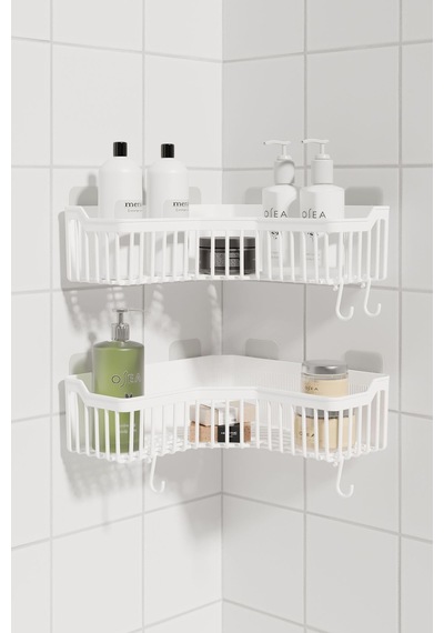 Ata Home Banyor Köşe Yapışkanlı Banyo Rafı, 2'li Banyo Düzenleyic Beyaz
