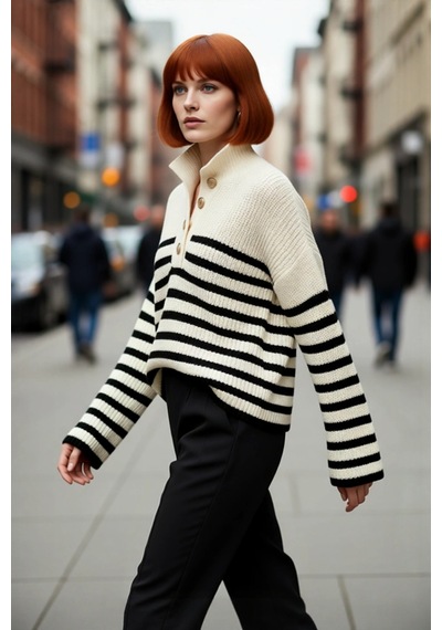 Ersefa Kadın Basic Çizgili Oversize Dik Yaka Triko Kazak Uzun Kollu Crop Ekru Ersefa Kadın Basic Çizgili Oversize Dik Yaka Triko Kazak Uzun Kollu Crop Ekru