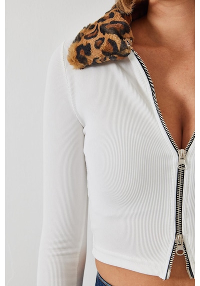 Shade Kadın Leopar Peluşlu Fermuarlı Hırka 60261015 - Beyaz