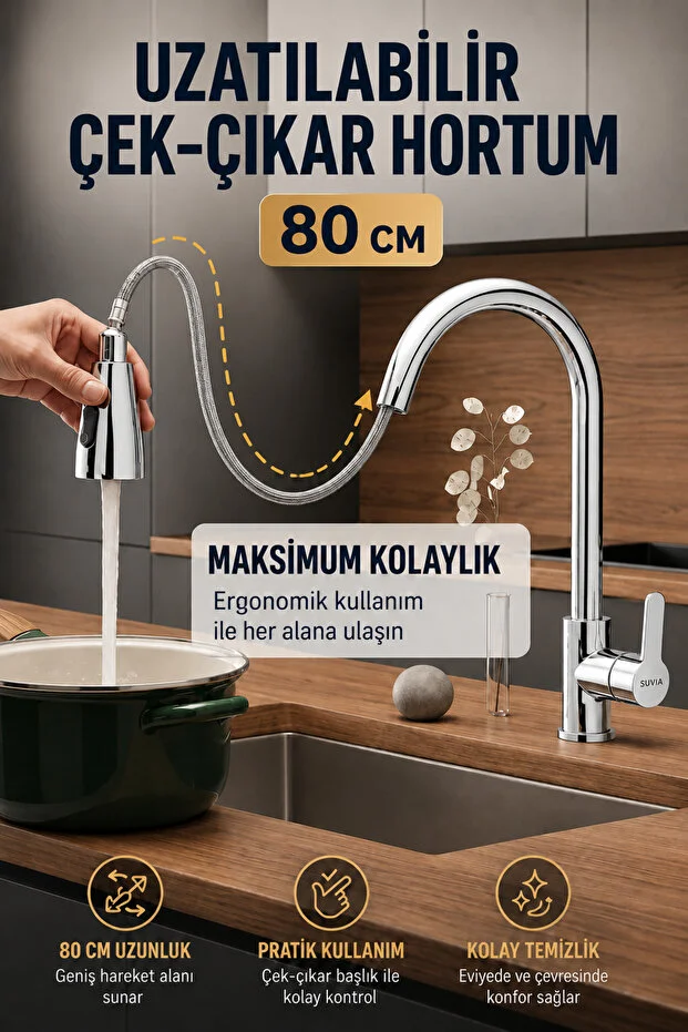 Mutfak Bataryası 3 Fonksiyonlu 360 Döner Uzatmalı Çekilebilir Başlıklı Evye Musluğu Krom