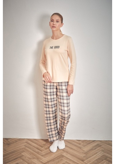 Fullamoda The Good Yazı Baskılı Bisiklet Yaka 2 Li Pijama Takımı 24mıcg631216530-bej Bej