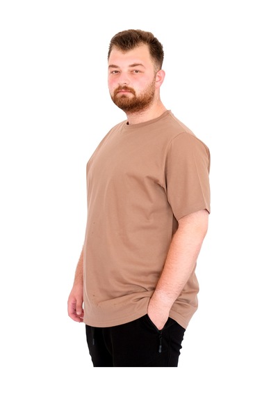 Mode Xl Büyük Beden Erkek T-shirt Bisiklet Yaka Basic U25162 Sütlü Kahve Kahverengi