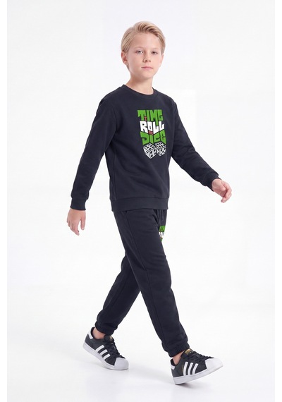 Panios Kids 3 İplik Baskılı Erkek Çocuk Çift Cepli Bisiklet Yaka 2'li Eşofman Takımı 4 Parça Gri-siyah