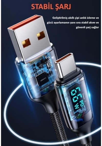Usams US-Sj544 Dijital Göstergeli Çipli Örgülü PD 66 W USB To Type-C Şarj ve Data Kablosu 1.2 M