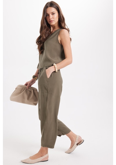 Tudors Kadın Standart Fit Normal Kesim Kolsuz Likralı Bisiklet Yaka Bluz Geniş Paça Haki Pantolon Takım-50955 Tudors Kadın Standart Fit Normal Kesim Kolsuz Likralı Bisiklet Yaka Bluz Geniş Paça Haki Pantolon Takım-50955