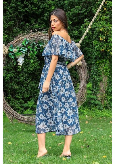 Neşeli Butik Kadın İndigo Madonna Kuşaklı Çiçek Desenli Şifon Elbise Nb10037 Indigo