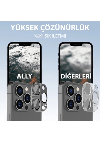 Ally iPhone Uyumlu 15 Pro-15 Pro Max Metal Tempered Kamera Lens Koruyucu- 5775 Gümüş