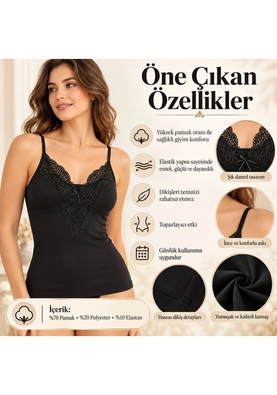Genel Kadın Dantelli V Yakalı İnce İp Askılı Kurdele Detaylı Atlet Siyah Beyaz Ten Zarif İç Giyim Atleti Genel Kadın Dantelli V Yakalı İnce İp Askılı Kurdele Detaylı Atlet Siyah Beyaz Ten Zarif İç Giyim Atleti