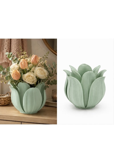 3d Baskı Lotus Yapraklı Vazo - Dekoratif Çiçeklik-mint Çok Renkli