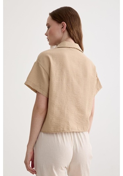 Vos Versa Kadın Keten Dantel Detaylı Kısa Kol Camel Gömlek Vvk47031-415-camel Camel