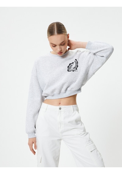 Koton Crop Sweatshirt Bisiklet Yaka Baskılı Gri 4sak10238ek Gri