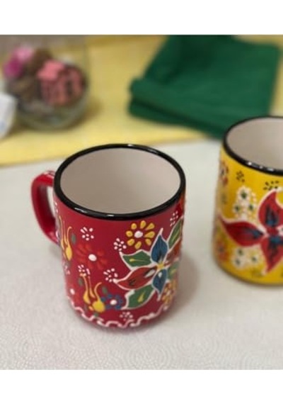 Tr Çini El İşlemeli Seramik Dantel Desen 2li Sarı/kırmızı Kupa Bardak Diğer