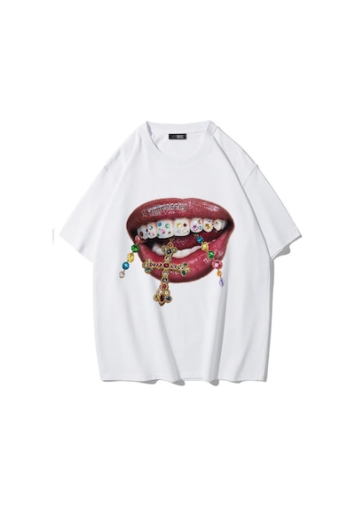 Brz Collectıon Brz Collection Unisex Oversize Grillz Renkli Taş Dudak Desenli T-shirt Beyaz