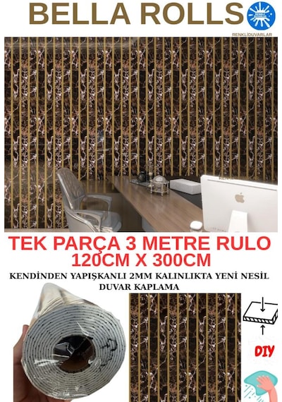 120cmx300cm Tek Parça Yapışkanlı Rulo Gold Çizgili Mermer Desenli Duvar Paneli Kağıdı Beykent Qm0134