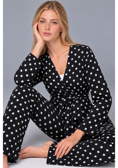 Kadın Desenli Ev Stili Kuşaklı Siyah Pijama Takımı 4806