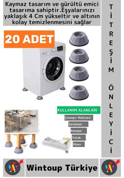 Titreşimönleyici Kaydırmaz Ses Titreşim Önleyici Çamaşır Makinesi Mobilya Sabitleyici Ayak 20 Adet Gri
