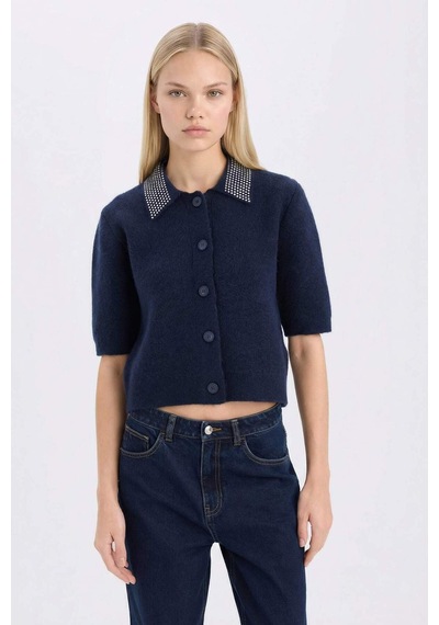 DeFacto Regular Fit Polo Yaka Basic Düz Düğmeli Triko Hırka E2288AX24WNNV134 Lacivert