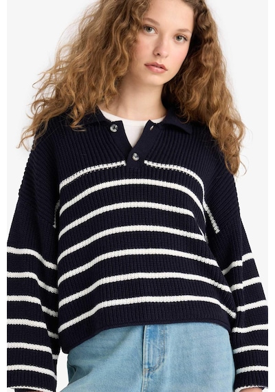 Defacto Coool Relax Fit Polo Yaka Düğmeli Çizgili Triko Kazak C4918ax25wnnv31 Lacivert