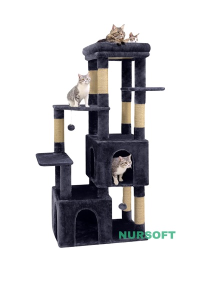 Çok Katlı Ponponlu Tırmalamalı Teraslı Lüx Kedi Oyun Evi Nursoft-0108