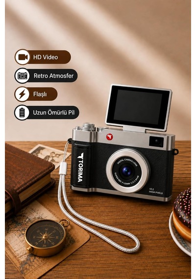 Mini Dijital Retro Kamera Cmr50 Siyah 48mp Selfie Video Vlog Kamerası
