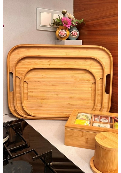 Makri Home Bambu Dikdörtgen 3'lü Tepsi Seti, Küçük Tepsi: 22x33 Cm, Orta Tepsi: 28x40 Cm, Büyük Tepsi: 33x45 Cm Ahşap