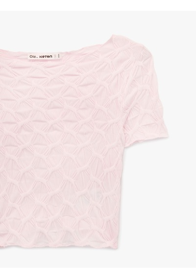 Koton Bürümcük Kumaş Slim Fit Kısa Kollu Kayık Yaka Crop Tişört Pembe 6sal10639ık Gül