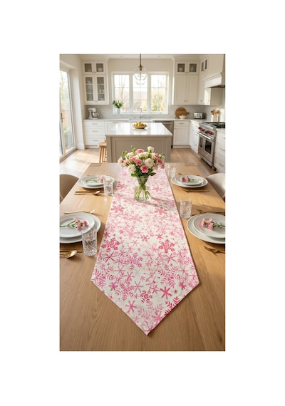 %100 Pamuk Simli Kumaş Pembe Desenli Üçgen Runner 40x110 Pembe - 890395106 Pembe