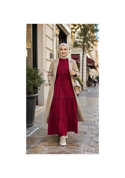 Hb Harma Time Butik Kadın Dantel Detaylı Beli Bağcıklı Ayrobin Bordo Elbise Bordo Bordo