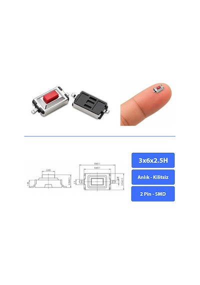 50 Adet 3x6x2.5 Mm Smd Tact Switch 2 Pin Anlık Basmalı Mikro Buton - Kırmızı