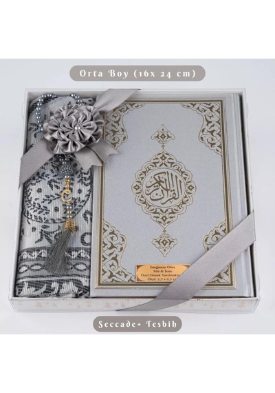 Kuran + Seccade + Tesbih Hediye Seti Orta Boy, Ekonomik Cilt, Desenli Kutu, Gri