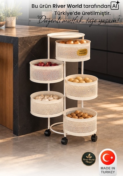 River World Tekerlekli Rengi Krem Açılabilen 5 Katlı Çok Amaçlı Metal Raf Mutfak, Balkon, Kiler Çok Renkli