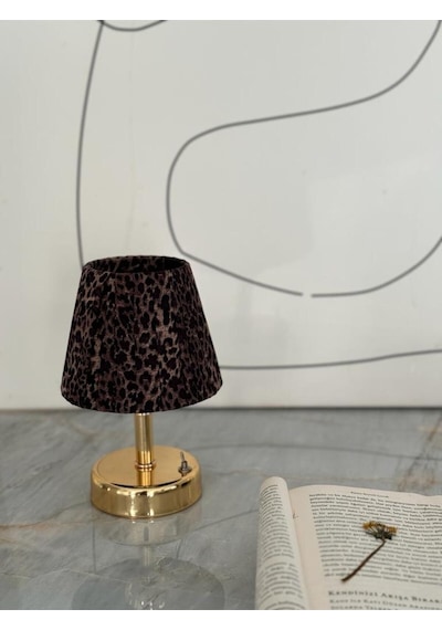 Kahverengi Leopar Desenli Kumaş Parlak Gold İskelet Tasarım Kablosuz Gece Masa Lambası