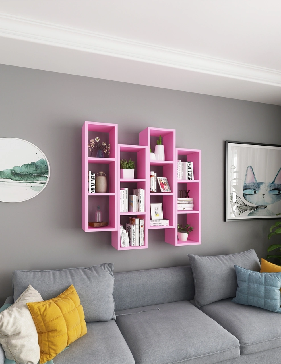 Kitaplık Mobilya Duvar Rafı Salon 4 Lü Takım Pembe Pembe Kitaplık Mobilya Duvar Rafı Salon 4 Lü Takım Pembe Pembe