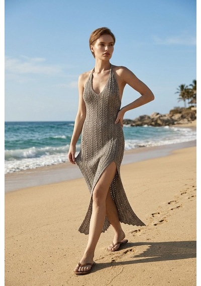 Neden Tekstil Beachwear Boyundan Bağlamalı Ajurlu Triko Plaj Elbisesi - Gri