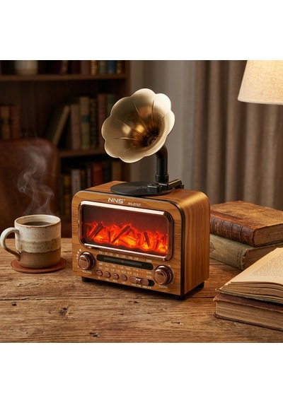 Nostaljik Şömine Işıklı Gramofon Bluetooth Hoparlör - Ahşap Retro Fm Radyo Usb/sd Kart Girişli 1800 Mah
