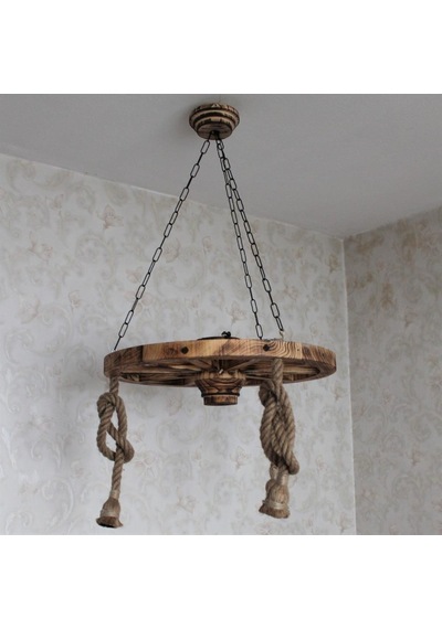 Otantik Çarşı Ahşap Halatlı Teker Avize 60 Cm. 3'lü Eskitme Siyah