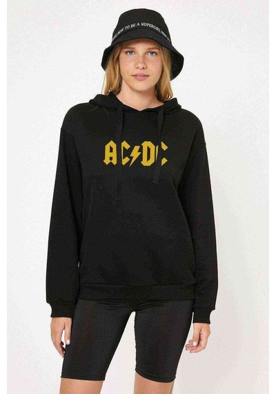Acdc Logo Sarı Baskılı Siyah Kadın Kapşonlu Sweatshirt