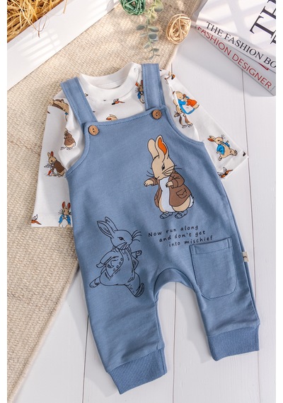 Babymod Tavşan Fiğürlü 2'li Erkek Bebek Salopet Tulum mavi