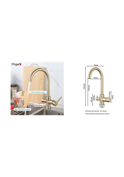 Mutfak Evye Bataryası Dual Flow Su Arıtma Çıkışlı Spiralli Fiskiyeli Ithal Mat Gold Evye