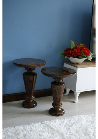Wood Wooden Ahşap 2'li Ceviz Renk Fitilli Mantar Yan Sehpa Modern Fiskos / Çiçeklik / Zigon Sehpa Ceviz