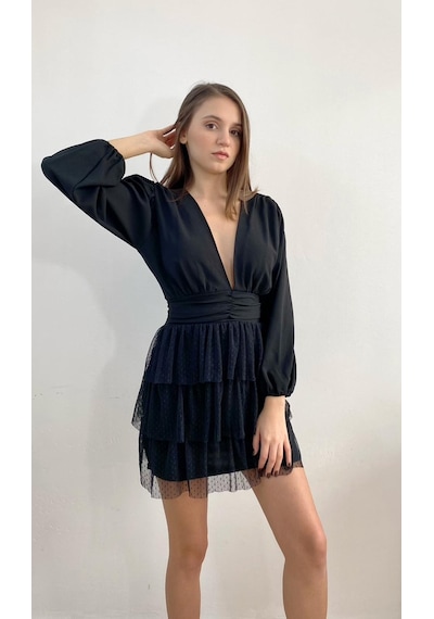 Mois Atelier Fırfırlı Siyah Büzgülü Mini Elbise Büyük Beden Siyah
