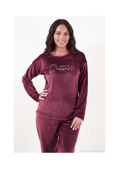Lela Bisiklet Yaka Yumuşak Dokulu Parlak Kadife Pijama Takımı Kadın Pijama Takımı 6094209 Mürdüm MÜRDÜM